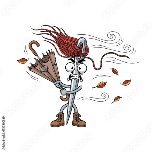 Anxious Needle Character Battling a Windy Day with a Tattered Umbrella