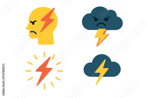 Weather and emotion silhouette icon set. featuring storm, head, flash, cloud, angry symbols