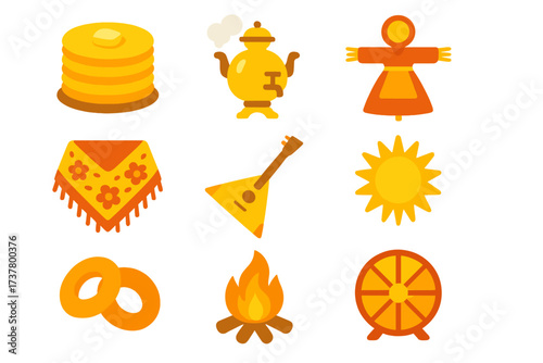 Russian culture flat icon set. featuring pancakes, samovar, doll, scarf, balalaika, sun, rings, bonfire, cartwheel