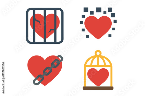 Love in captivity silhouette icon set. featuring broken heart, chained heart, caged heart, pixelated heart
