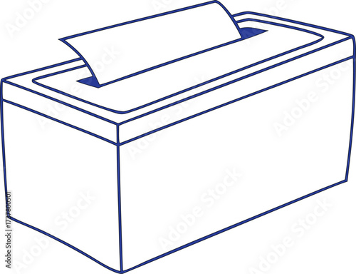 Simple line drawing of a tissue box with paper sheet. Minimalist illustration for hygiene, household, or healthcare themes. Clean vector outline for versatile graphic use.