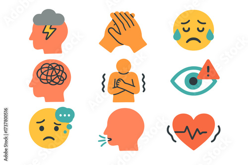 Emotional awareness flat icon set. featuring anxiety, mindfulness, sadness, stress, and empathy symbols