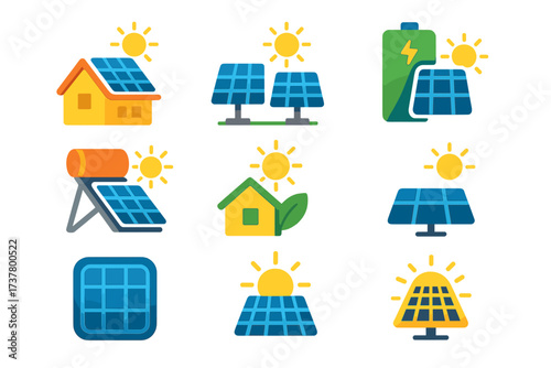 Renewable energy flat icon set. featuring solar panels, sustainable house, battery, and eco-friendly symbols