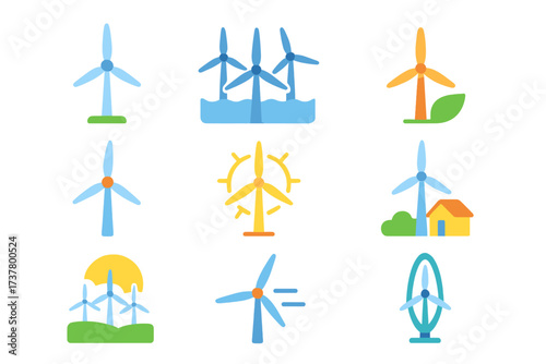 Renewable energy flat icon set. featuring wind turbine, solar panel, eco-friendly, green house, and sustainable energy symbols