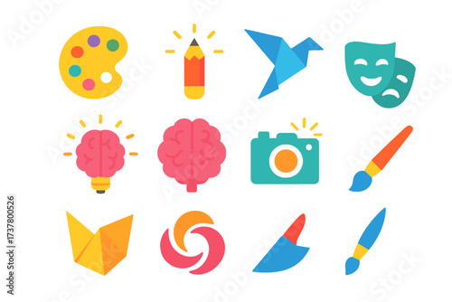 Creative arts neon silhouette icon set. featuring palette, pencil, origami, theater, brain, camera, and brushes symbols