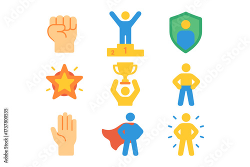 Motivation flat icon set. featuring achievement, confidence, goal, leadership, strength, protection, success