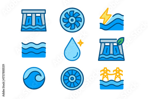 Hydropower energy linear icon set. featuring dam, turbine, river, water droplet, wave, and leaf symbols