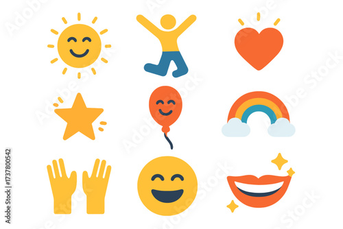 Happiness flat icon set. featuring sun, person, heart, star, balloon, rainbow, hands, smile, lips symbols