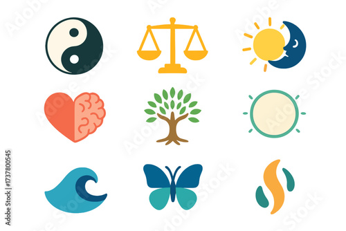 Wellness and nature silhouette icon set. yin yang, scales, sun moon, heart brain, tree, sun, wave, butterfly, seed icons