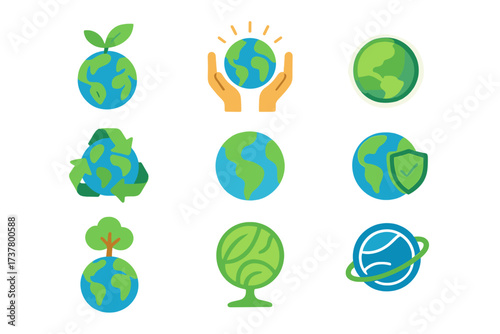 Environment protection flat icon set. featuring earth, hands, recycling, shield, tree, and planet