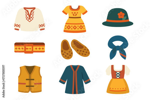 Traditional clothing flat icon set. featuring shirt, dress, hat, belt, shoes, scarf, vest, robe symbols