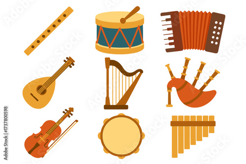 Music instruments flat icons set. featuring flute, drum, accordion, lute, harp, bagpipes, violin, tambourine, pan flute
