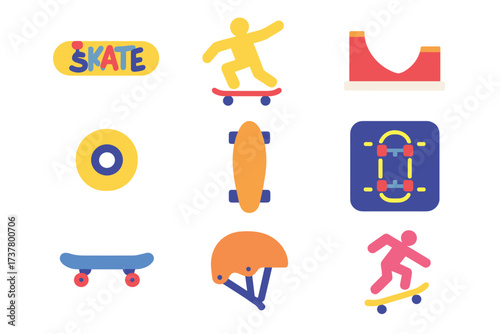 Skateboarding neon icon set. featuring skater, skatepark, helmet, wheels, deck, and tricks symbols
