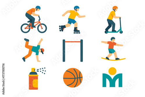 Sports activities silhouette icon set. featuring biking, rollerskating, scootering, parkour, basketball, graffiti, and skateboarding