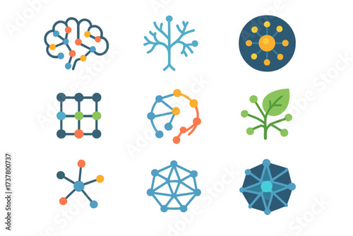Neural network silhouette icon set. featuring brain, tree, network, grid, connection, diagram, and leaf symbols