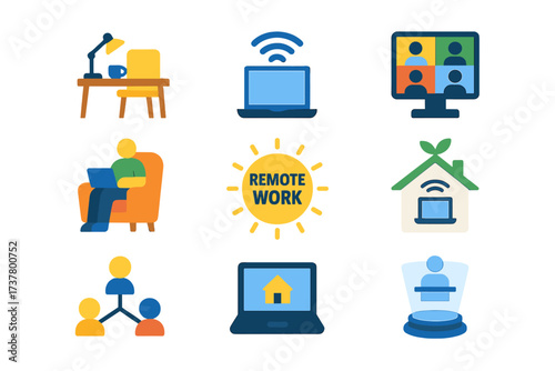 Remote work silhouette icon set. featuring desk, laptop, video call, home office, remote connectivity, collaboration
