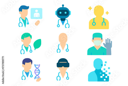 Medical professionals glowing silhouette icons set. featuring doctor, robot, surgeon, vr, ai, and genetic symbols