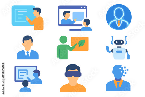 Education and technology gradient icon set. featuring training, vr, online learning, ai, eco education, leadership