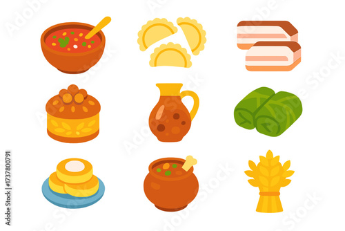 Traditional food flat icon set. featuring borscht, salo, paska, uzvar, holubtsi, syrniki, kulesh, korovai