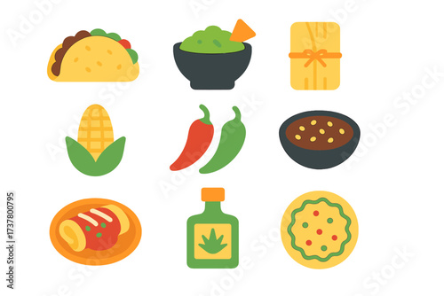 Mexican food flat icon set. featuring taco, guacamole, tamale, corn, chili pepper, beans, enchilada, sauce, tortilla