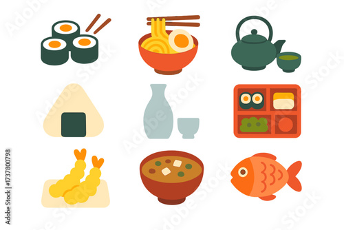 Japanese cuisine flat icon set. featuring sushi, ramen, teapot, onigiri, sake, bento, tempura, miso, and fish