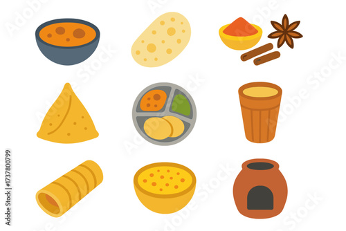 Indian food flat icon set. featuring bread, curry, spices, snack, lentils, chutney, sweets, and tea symbols