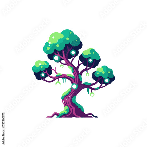 Whimsical Cartoon Tree with Glowing Orbs and Vibrant Colors.