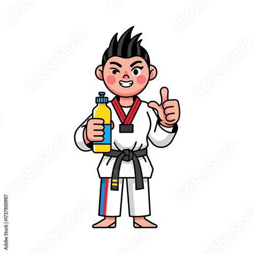 Cartoon Taekwondo Athlete with Water Bottle and Thumbs Up Gesture