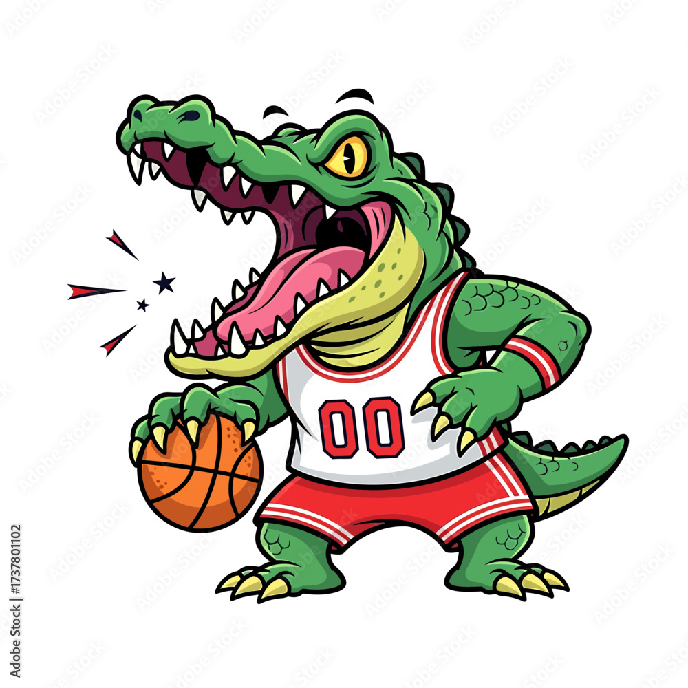 Obraz premium Animated Alligator Basketball Player with Open Mouth and Jersey Number Zero Zero