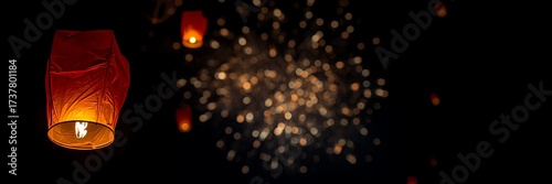 New Year 2026 themed background and banner, Bokeh background with dark sky and influenced by flying lanterns and exploding fireworks
