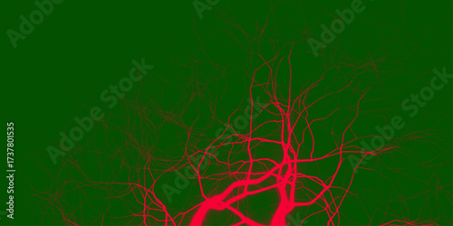 Abstract background, silhouette of colorful tree branches. Dramatic red and green lightning strikes illuminate the sky during a fierce storm at dusk. Dark green neon marble banner abstract stone bg