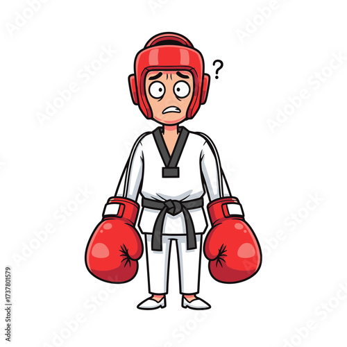 Cartoon Taekwondo Student with Red Headgear and Boxing Gloves Looking Confused