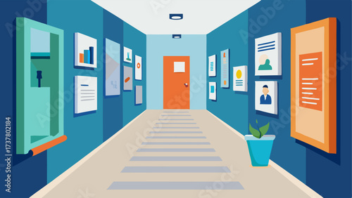 A hallway lined with informational posters and flyers regarding job search strategies and tips.