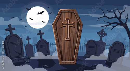 Wooden Coffin with Cross in Spooky Cemetery Illustration.