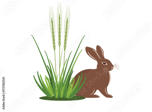 Wild rabbit hiding behind a bush isolated on white, vector illustration