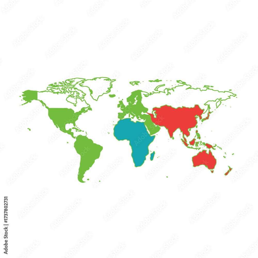 Fototapeta premium World Map with Continents Highlighted in Different Colors.
