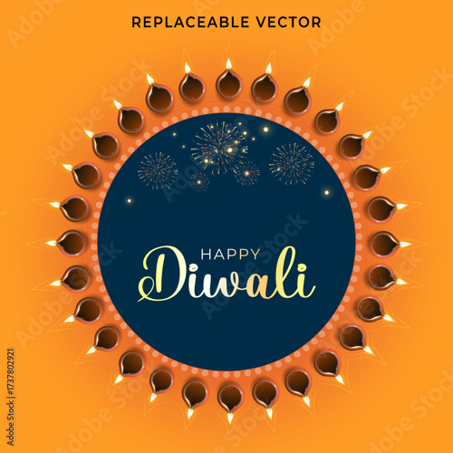 Happy Diwali postcard template background with festive vibrant traditional light lamp and diya flame design.
