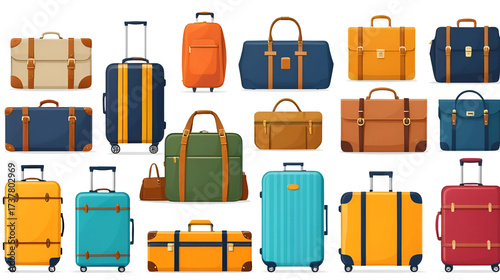 Various suitcase and bag designs in different colors and styles, displayed on a white background. Travel and luggage concept. Vector illustration