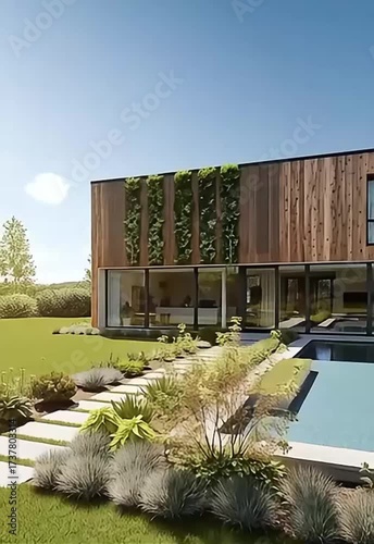 Modern sustainable house with vertical green wall, wood cladding, and pool. Landscaped garden under bright midday sunlight. 
