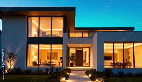 Contemporary house with floor-to-ceiling glass windows and illuminated interiors. Evening exterior with pathway lighting and minimalist design. 
