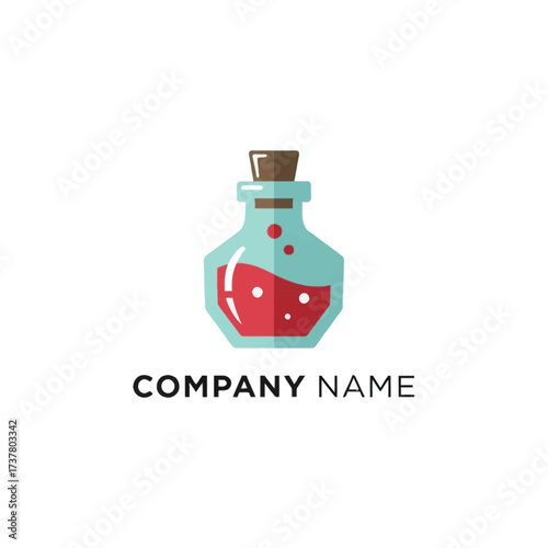 A vibrant, stylized potion bottle with a cork stopper, containing a bubbling red liquid.
