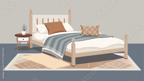 A guest room with a whitewashed wooden bed a neutral patterned rug and a mix of throw pillows in different textures.