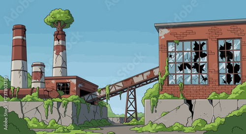 Abandoned Industrial Complex with Towering Chimneys and Broken Windows.