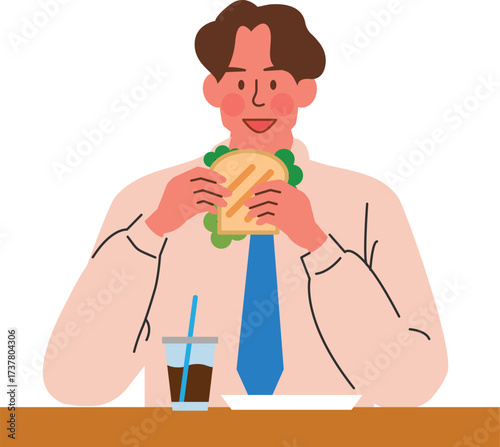 Man enjoying a sandwich and coffee during a break time