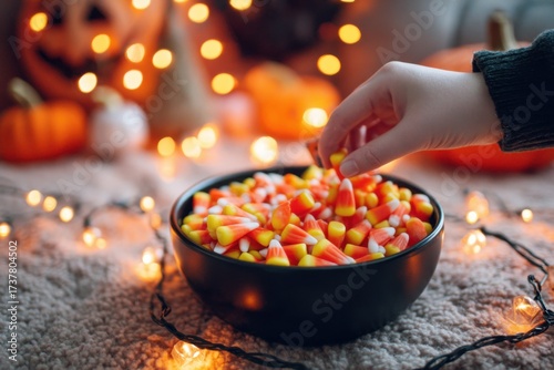 Childs hand reaching into candy corn bowl