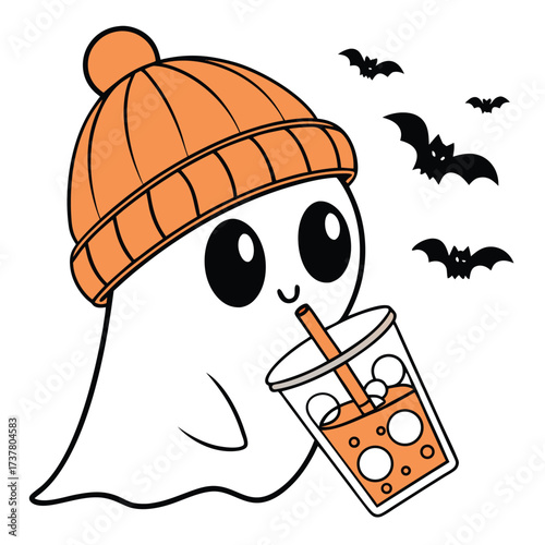 The ghost has big, black eyes and a slight smile. It's drinking from a clear cup with a straw, which holds an orange, bubbly beverage, possibly pumpkin spice or a Halloween-themed drink, like a milky 