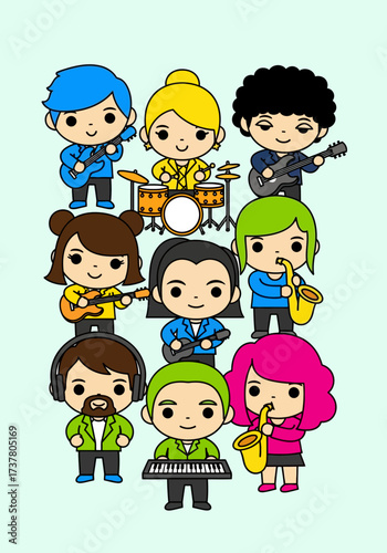 Cute Cartoon Music Band Illustration with Instruments