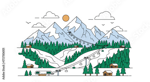 A detailed illustration of a ski resort nestled in a majestic mountain range with pine trees and ski lifts.
