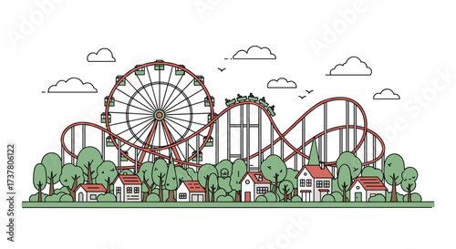 A vibrant amusement park with a Ferris wheel and roller coaster overlooks a charming village.