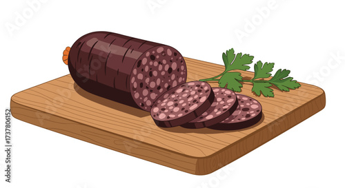 A rustic cut of blood sausage rests upon a simple wooden chopping board with fresh parsley garnish.